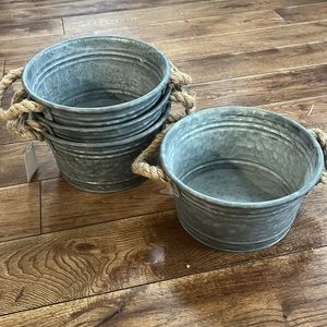 NEW! Galvanized Metal Buckets with Rope Handles- Set of Four